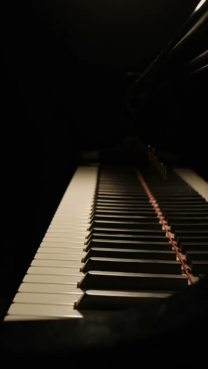 A grand piano keyboard receding into darkness, keys catching warm light