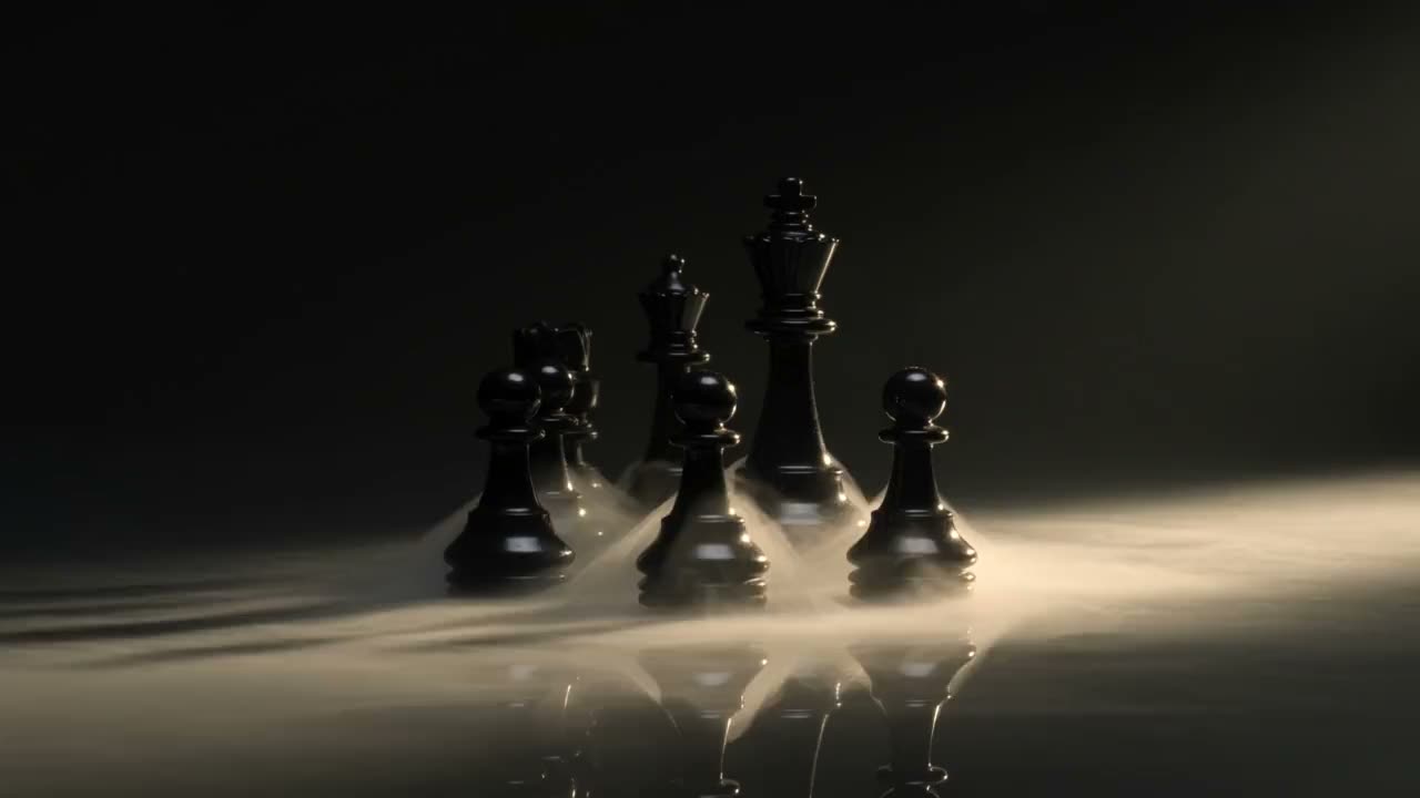 Black lacquered chess pieces in fog under champagne light